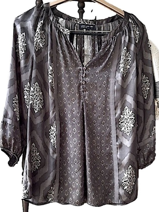 Jones New York Tops - Blouse Mixed Media Pattern Top Tunic Peasant 3/4 Sleeves Cool Gray Hue Medium
